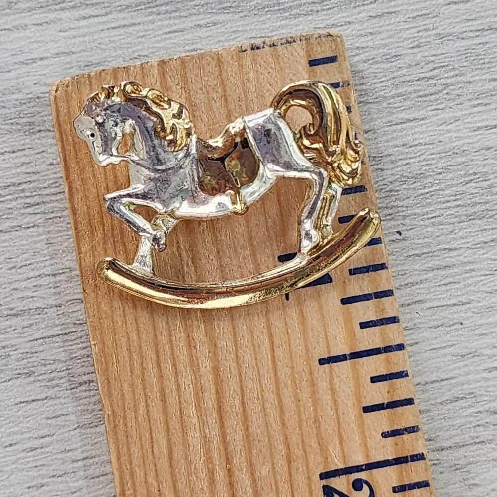 Vintage Danecraft Rocking Horse Brooch Pin Figural Gold Silver Tone Signed Metal